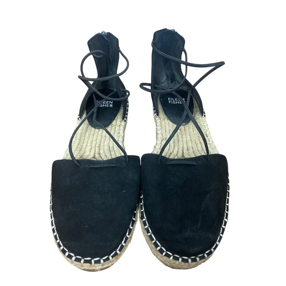 Eileen Fisher Lace Espadrille Flats Womens 8 Black Suede Strappy Sandals